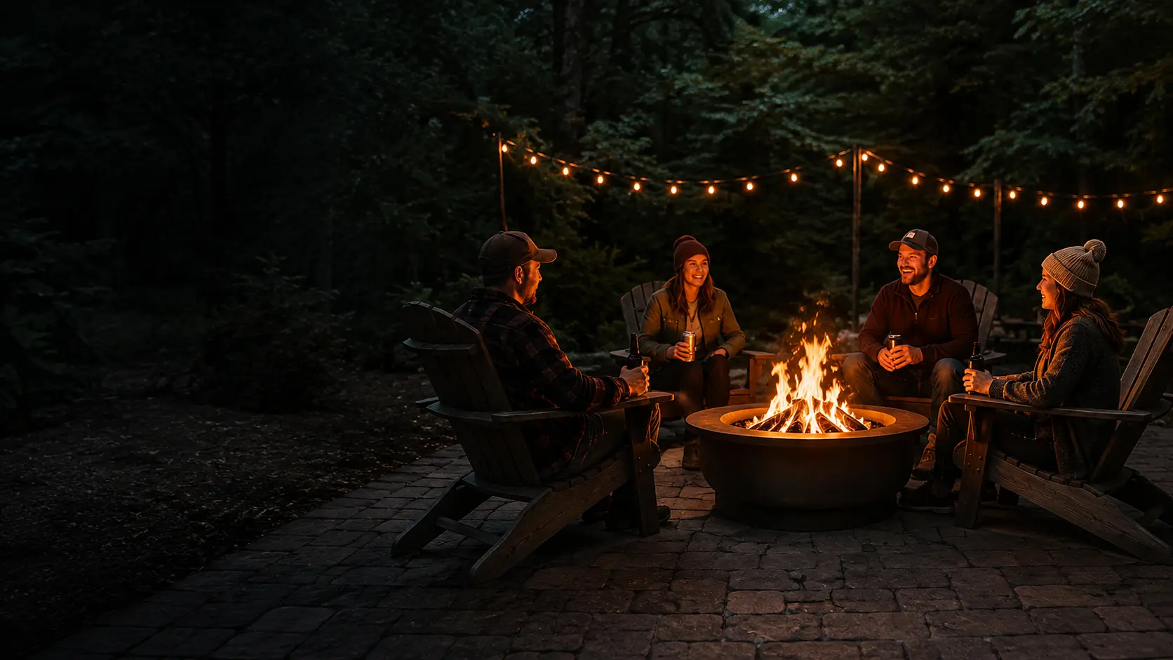 Friends gathered in Adirondack chairs around a backyard fire pit